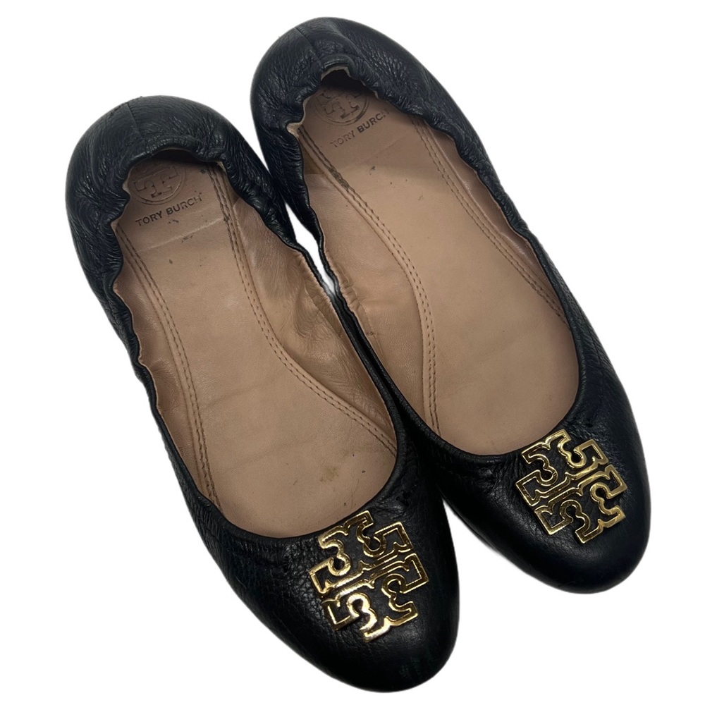 {Tory Burch} "Melinda" Black Gold Travel Ballet Ballerina Flats Loafers Shoes